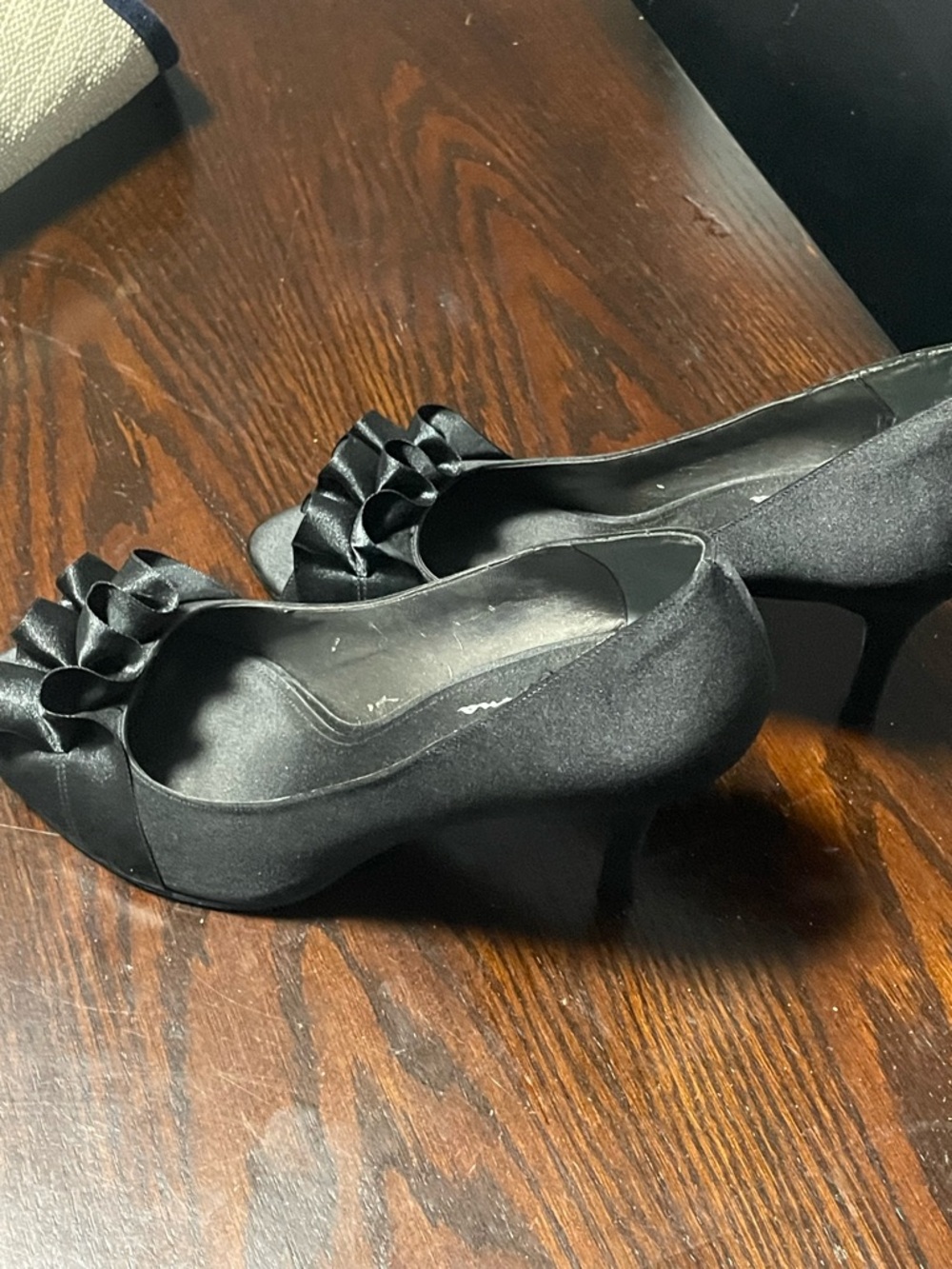 Women’s Black Satin Peep-Toe Heels with Bow Detail - Picture 2 of 4